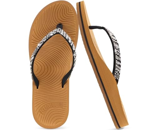 KuaiLu Frauen Strass Flip Flops mit Komfort Bogen Unterstützung Yoga Matte Kissen Sandalen Mode Sommer Strand Pool Reisen Orthotic Walking Thong Sandles Slip auf Plantar Fasciitis Schwarz Khaki 40 von KuaiLu