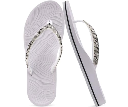 KuaiLu Frauen Strass Flip Flops mit Komfort Bogen Unterstützung Yoga Matte Kissen Sandalen Mode Sommer Strand Pool Reisen Orthotic Walking Thong Sandles Slip auf Plantar Fasciitis Silber Weiß 42 von KuaiLu
