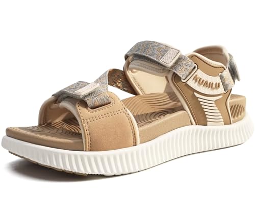 KuaiLu Sandalen Damen Trekking Komfortable Orthopädische Trekkingsandalen Sport Outdoor Wandersandalen Leicht Offen Zehen Outdoorsandale Verstellbare Klett Sportsandalen Beige 38 von KuaiLu