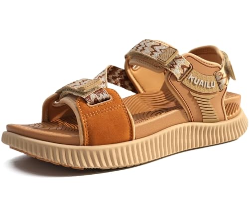 KuaiLu Sandalen Damen Trekking Komfortable Orthopädische Trekkingsandalen Sport Outdoor Wandersandalen Leicht Offen Zehen Outdoorsandale Verstellbare Klett Sportsandalen Khaki 36 von KuaiLu