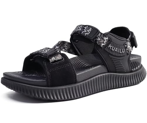 KuaiLu Sandalen Damen Trekking Komfortable Orthopädische Trekkingsandalen Sport Outdoor Wandersandalen Leicht Offen Zehen Outdoorsandale Verstellbare Klett Sportsandalen Schwarz 37 von KuaiLu