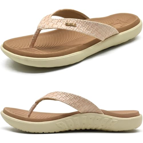 KuaiLu Beige Weiß Flip Flops Damen Leder Zehentrenner mit Arch Support für Sommer Beach Frauen Bequeme Yoga Mat Tanga Sandalen für Plantar Fasciitis Größe 38EU von KuaiLu