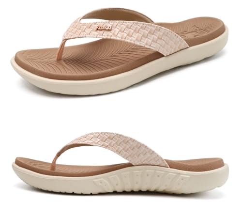 KuaiLu Beige Weiß Flip Flops Damen Leder Zehentrenner für Sommer Beach Frauen Bequeme Yoga Mat Tanga Sandalen für Plantar Fasciitis Größe 40EU von KuaiLu