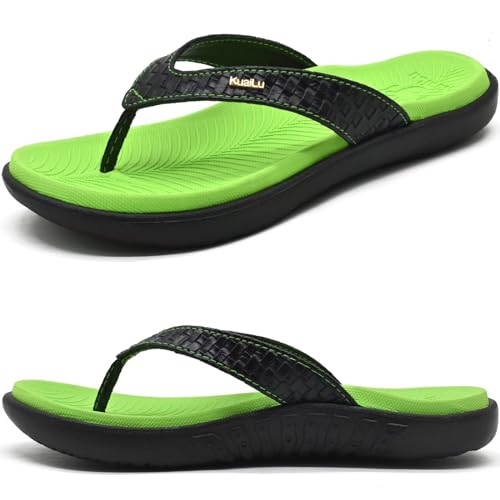 KuaiLu Grün Schwarz Flip Flops Damen Leder Zehentrenner mit Arch Support für Sommer Beach Frauen Bequeme Yoga Mat Tanga Sandalen für Plantar Fasciitis Größe 40EU von KuaiLu