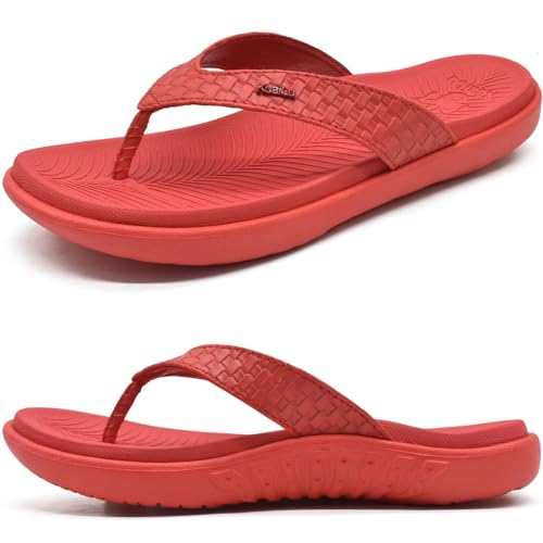 KuaiLu Rot Flip Flops Damen Leder Zehentrenner mit Arch Support für Sommer Beach Frauen Bequeme Yoga Mat Tanga Sandalen für Plantar Fasciitis Größe 37EU von KuaiLu