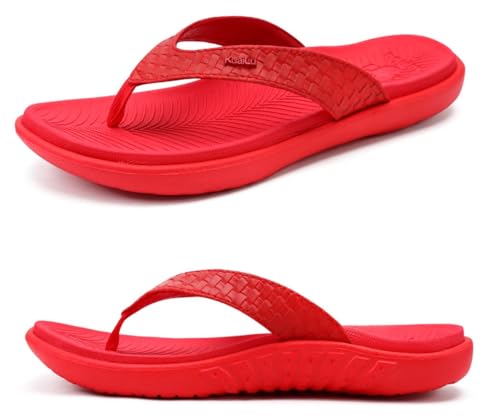 KuaiLu Rot Flip Flops Damen Leder Zehentrenner mit Arch Support für Sommer Beach Frauen Bequeme Yoga Mat Tanga Sandalen für Plantar Fasciitis Größe 38EU von KuaiLu