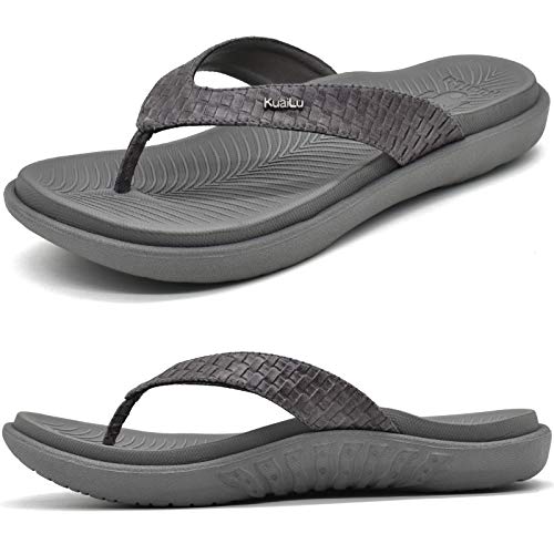 KuaiLu Grau Flip Flops Damen Leder Zehentrenner mit Arch Support für Sommer Beach Frauen Bequeme Yoga Mat Tanga Sandalen für Plantar Fasciitis Größe 36EU von KuaiLu