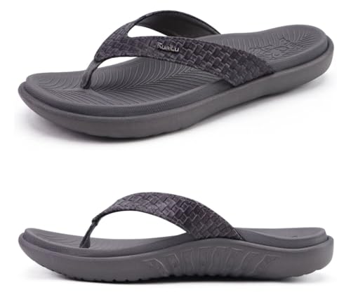 KuaiLu Grau Flip Flops Damen Leder Zehentrenner für Sommer Beach Frauen Bequeme Yoga Mat Tanga Sandalen für Plantar Fasciitis Größe 38EU von KuaiLu