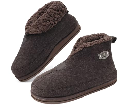 KuaiLu Hausschuhe Boots Herren Winter Filz Hausstiefel Warme Plüsch Flauschige Fell Hüttenschuhe Kuschel Geschlossen Hohe Slippers Männer Filzhausschuhe Rutschfest Indoor Feste Sohle ALL Braun 46 von KuaiLu