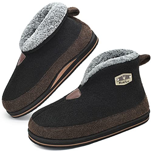 KuaiLu Hausschuhe Boots Herren Winter Filz Hausstiefel Warme Plüsch Flauschige Fell Hüttenschuhe Kuschel Geschlossen Hohe Slippers Männer Filzhausschuhe Rutschfest Indoor Feste Sohle Schwarz 42 von KuaiLu