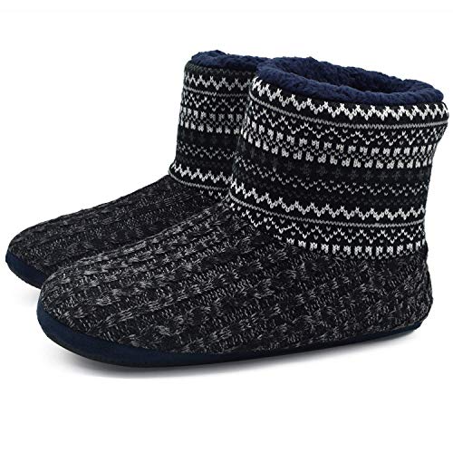 KuaiLu Herren Wolle Hausschuhe Stricken Künstliche Warme Indoor Stiefel rutschfest Schwarz Weiß 45 EU von KuaiLu