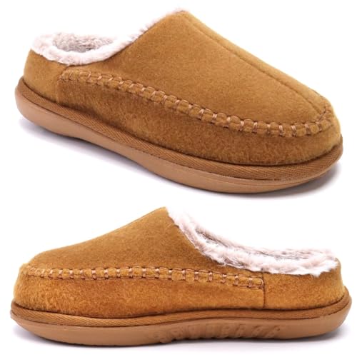 KuaiLu Hausschuhe Damen Filz Memory-Schaum Clog Flauschige Plüsch Warme gefütterte mit Arch Support Slip-On Pantoffeln Frauen mit Fußgewölbestütze Gummisohle Indoor Khaki Größe 38~39 von KuaiLu