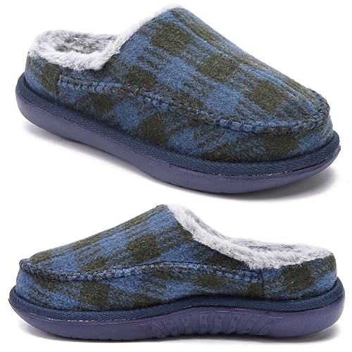 KuaiLu Hausschuhe Damen Filz Memory-Schaum Clog Flauschige Plüsch Warme gefütterte mit Arch Support Slip-On Pantoffeln Frauen mit Fußgewölbestütze Gummisohle Indoor Outdoor Blau kariert Größe 35 von KuaiLu