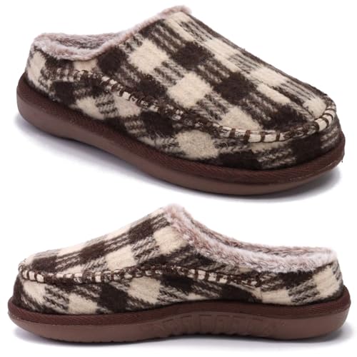 KuaiLu Hausschuhe Damen Filz Memory-Schaum Clog Flauschige Plüsch Warme gefütterte mit Arch Support Slip-On Pantoffeln Frauen mit Fußgewölbestütze Gummisohle Indoor Outdoor Braun kariert Größe 35 von KuaiLu