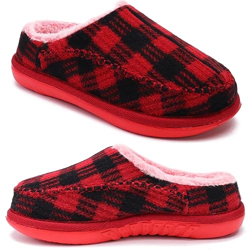 KuaiLu Hausschuhe Damen Filz Memory-Schaum Clog Flauschige Plüsch Warme gefütterte mit Arch Support Slip-On Pantoffeln Frauen mit Fußgewölbestütze Gummisohle Indoor Outdoor Rot kariert Größe 41 von KuaiLu