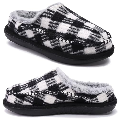 KuaiLu Hausschuhe Damen Filz Memory-Schaum Clog Flauschige Plüsch Warme gefütterte mit Arch Support Slip-On Pantoffeln Frauen mit Fußgewölbestütze Gummisohle Indoor Outdoor Schwarz kariert Größe 37 von KuaiLu