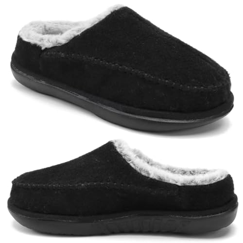 KuaiLu Hausschuhe Damen Filz Memory-Schaum Clog Flauschige Plüsch Warme gefütterte mit Arch Support Slip-On Pantoffeln Frauen mit Fußgewölbestütze Gummisohle Indoor Outdoor Schwarzes Format 36 von KuaiLu