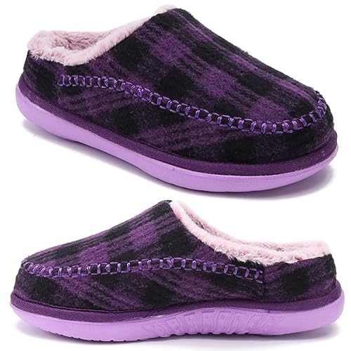 KuaiLu Hausschuhe Damen Filz Memory-Schaum Clog Flauschige Plüsch Warme gefütterte mit Arch Support Slip-On Pantoffeln Frauen mit Fußgewölbestütze Gummisohle Indoor Outdoor Violett kariert Größe 37 von KuaiLu