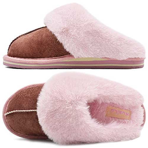 KuaiLu Hausschuhe Damen Flauschige Plüsch Lammfell Geschlossen Winter Warme Pantoffeln Frauen Kuschel Memory Fussbett Hause Slippers Rutschfest Feste Sohle Hüttenschuhe Indoor Outdoor. Rosa 36 von KuaiLu