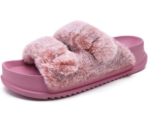 KuaiLu Hausschuhe Damen Orthopädische, Plüsch Warme Slides Sandalen für Frauen mit Weiche Fussbett Kuschelige Arch Support Flauschige Pantoffeln Offener Zeh Sommer Winter Gr. 36 Rosa von KuaiLu