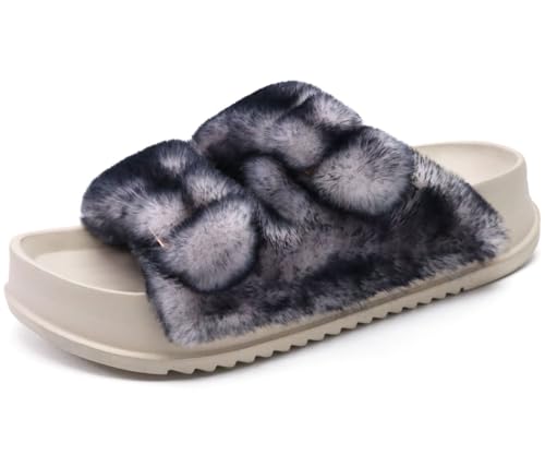 KuaiLu Hausschuhe Damen Orthopädische, Plüsch Warme Slides Sandalen für Frauen mit Weiche Fussbett Kuschelige Arch Support Flauschige Pantoffeln Offener Zeh Sommer Winter Gr. 37 Schwarz Weiß von KuaiLu