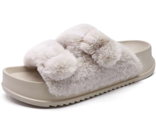 KuaiLu Hausschuhe Damen Orthopädische, Plüsch Warme Slides Sandalen für Frauen mit Weiche Fussbett Kuschelige Arch Support Flauschige Pantoffeln Offener Zeh Sommer Winter Gr. 37 Weiß von KuaiLu