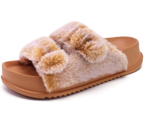 KuaiLu Hausschuhe Damen Orthopädische, Plüsch Warme Slides Sandalen für Frauen mit Weiche Fussbett Kuschelige Arch Support Flauschige Pantoffeln Offener Zeh Sommer Winter Gr. 38.5 Khaki von KuaiLu