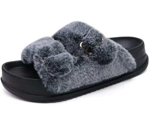 KuaiLu Hausschuhe Damen Orthopädische, Plüsch Warme Slides Sandalen für Frauen mit Weiche Fussbett Kuschelige Arch Support Flauschige Pantoffeln Offener Zeh Sommer Winter Gr. 38.5 Schwarz von KuaiLu