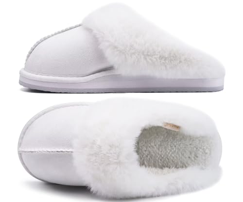 KuaiLu Hausschuhe Damen Plüsch Geschlossen Winter Warme Pantoffeln Frauen Kuschel Memory Fussbett Hause Slippers Rutschfest Feste Sohle Hüttenschuhe Indoor Outdoor Weiß 40 von KuaiLu