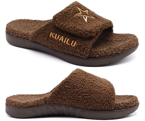 KuaiLu Hausschuhe Herren 40 Winter Warme Flauschige Fussbett Sandalen für Männer mit Klettverschluss Offener Zeh Plüsch Orthopädische Hausschuhe mit Arch Support, Braun Weihnachts von KuaiLu