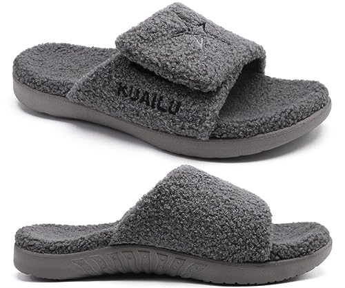 KuaiLu Hausschuhe Herren 40 Winter Warme Flauschige Fussbett Sandalen für Männer mit Klettverschluss Offener Zeh Plüsch Orthopädische Hausschuhe mit Arch Support, Grau Weihnachts von KuaiLu