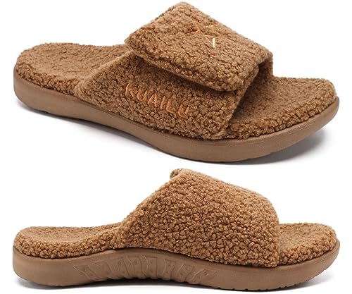 KuaiLu Hausschuhe Herren 41 Winter Warme Flauschige Fussbett Sandalen für Männer mit Klettverschluss Offener Zeh Plüsch Orthopädische Hausschuhe mit Arch Support, Khaki Weihnachts von KuaiLu