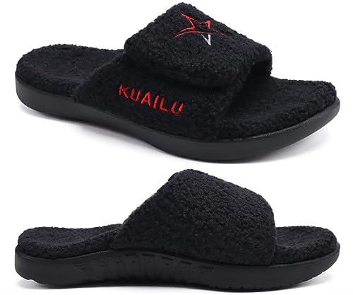 KuaiLu Hausschuhe Herren 41 Winter Warme Flauschige Fussbett Sandalen für Männer mit Klettverschluss Offener Zeh Plüsch Orthopädische Hausschuhe mit Arch Support, Schwarz Weihnachts von KuaiLu