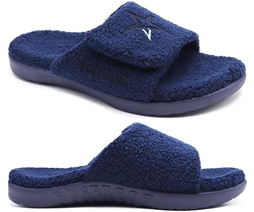 KuaiLu Hausschuhe Herren 45 Winter Warme Flauschige Fussbett Sandalen für Männer mit Klettverschluss Offener Zeh Plüsch Orthopädische Hausschuhe mit Arch Support, Blau Weihnachts von KuaiLu