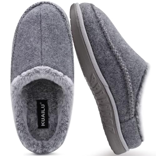 KuaiLu Hausschuhe Herren Filz Memory-Schaum Clog Flauschige Plüsch Warme gefütterte mit Arch Support Slip-On Hausschuhe mit Fußgewölbestütze Gummisohle Graue Größe 47 von KuaiLu