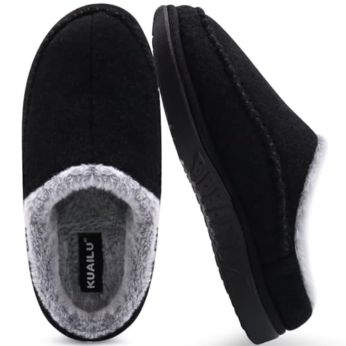 KuaiLu Hausschuhe Herren Filz Memory-Schaum Clog Flauschige Plüsch Warme gefütterte mit Arch Support Slip-On Hausschuhe mit Fußgewölbestütze Gummisohle Indoor Outdoor Black size 41 von KuaiLu