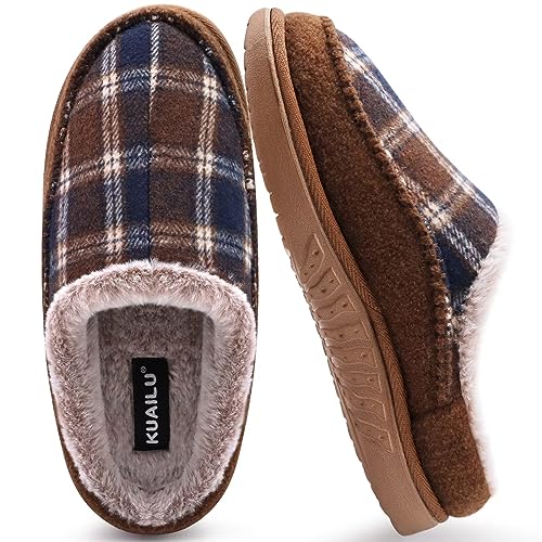 KuaiLu Hausschuhe Herren Filz Memory-Schaum Clog Flauschige Plüsch Warme gefütterte mit Arch Support Slip-On Hausschuhe mit Fußgewölbestütze Gummisohle Indoor Outdoor Brown Plaid size 42 von KuaiLu