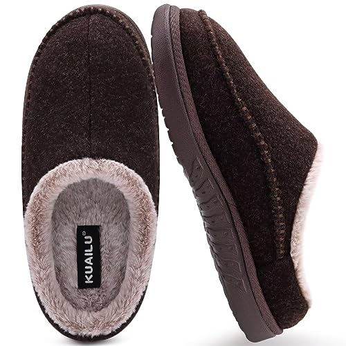 KuaiLu Hausschuhe Herren Filz Memory-Schaum Clog Flauschige Plüsch Warme gefütterte mit Arch Support Slip-On Hausschuhe mit Fußgewölbestütze Gummisohle Indoor Outdoor Brown size 42 von KuaiLu