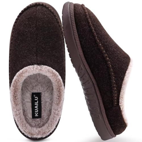 KuaiLu Hausschuhe Herren Filz Memory-Schaum Clog Flauschige Plüsch Warme gefütterte mit Arch Support Slip-On Hausschuhe mit Fußgewölbestütze Gummisohle Indoor Outdoor Braun Größe 48 von KuaiLu