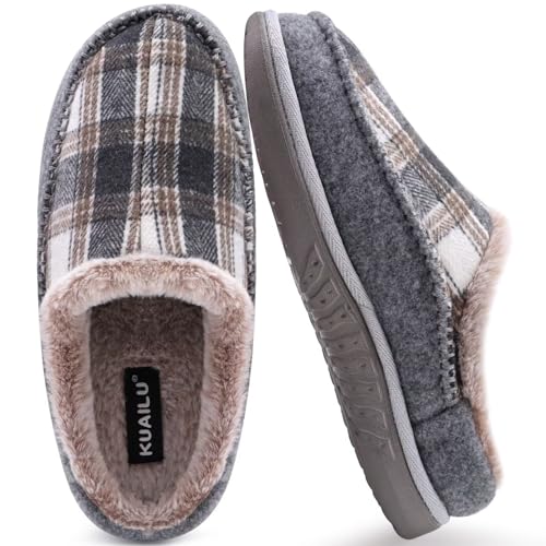 KuaiLu Hausschuhe Herren Filz Memory-Schaum Clog Flauschige Plüsch Warme gefütterte mit Arch Support Slip-On Hausschuhe mit Fußgewölbestütze Gummisohle Indoor Outdoor Grey Plaid size 46 von KuaiLu