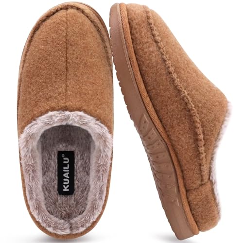 KuaiLu Hausschuhe Herren Filz Memory-Schaum Clog Flauschige Plüsch Warme gefütterte mit Arch Support Slip-On Hausschuhe mit Fußgewölbestütze Gummisohle Indoor Outdoor Khaki size 40 von KuaiLu