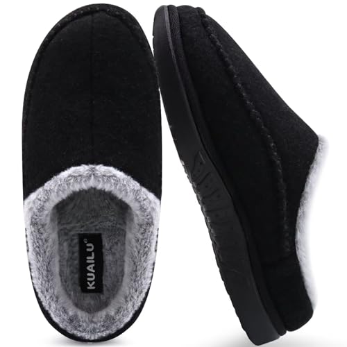 KuaiLu Hausschuhe Herren Filz Memory-Schaum Clog Flauschige Plüsch Warme gefütterte mit Arch Support Slip-On Hausschuhe mit Fußgewölbestütze Gummisohle Schwarz Größe 40 von KuaiLu