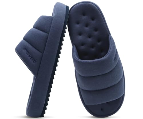 KuaiLu Hausschuhe für Männer Baumwollmischung Stoff Warme Slides Hausschuh Comfy Arch Support Innen Außen Haus Slipper Schuhe Bequem Slip-on Leichte Dicke Kissen Mann Scuff Pantoffeln, Dunkelblau 47 von KuaiLu