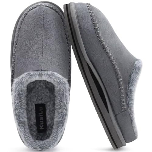 Herren Memory-Schaum Clog Hausschuhe Bequeme handgemachte Stitch Microsuede Slip-On Hausschuhe mit Fußgewölbestütze Warme Kunstpelz gefütterte Gummisohle Indoor Outdoor Grau Größe 47 von KuaiLu