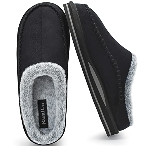 Herren Memory-Schaum Clog Hausschuhe Bequeme handgemachte Stitch Microsuede Slip-On Hausschuhe mit Fußgewölbestütze Warme Kunstpelz gefütterte Gummisohle Indoor Outdoor Schwarz Größe 47 von KuaiLu