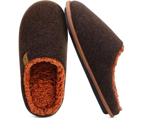KuaiLu Herren Filz Hausschuhe Warme Flauschig Plüsch Schlafzimmer Pantoffeln Männer Rückstellschaum Leicht Slippers Rutschfeste Sohlen im Herbst und Winter für Drinnen und Draussen Braun 46 von KuaiLu