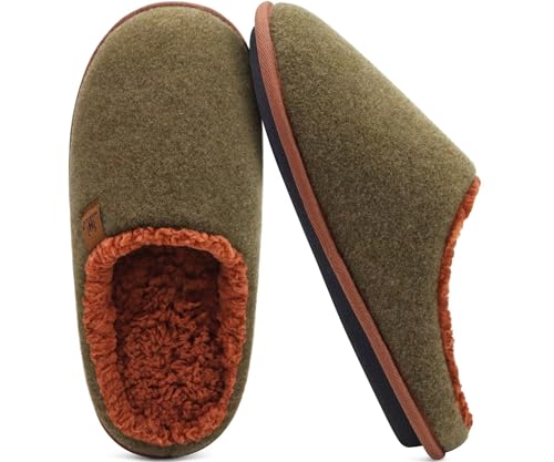 KuaiLu Herren Filz Hausschuhe Warme Flauschig Plüsch Schlafzimmer Pantoffeln Männer Rückstellschaum Leicht Slippers Rutschfeste Sohlen im Herbst und Winter für Drinnen und Draussen Grün Braun 47 von KuaiLu