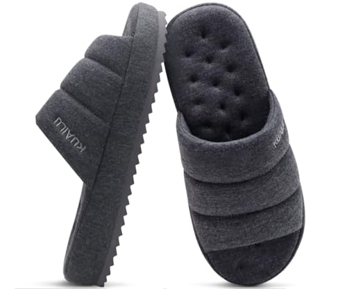 KuaiLu Herren Hausschuhe Stoff Warme Sandale Hausschuh Memory Foam Indoor Outdoor Haus Pantoffeln Schuhe Bequem Slip-on Leichte Weiche Kissen Scuff Slipper für Mann mit Arch Support, Grau 40 von KuaiLu