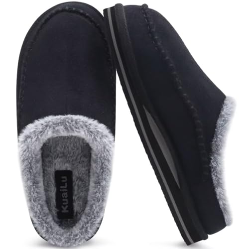 KuaiLu Herren Kuschelschuhe aus Plüsch mit offenem Rücken Herren Memory-Schaum Clog Hausschuhe Bequeme handgemachte Stitch Microsuede Slip-On Hausschuhe mit stützend Indoor Outdoor Schwarz Größe 42 von KuaiLu