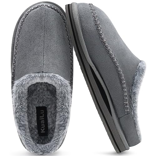 KuaiLu Herren Kuschelschuhe aus Plüsch mit offenem Rücken Herren Memory-Schaum Clog Hausschuhe Bequeme handgemachte Stitch Microsuede Slip-On Hausschuhe mit stützend Indoor Outdoor Grau Größe 44 von KuaiLu